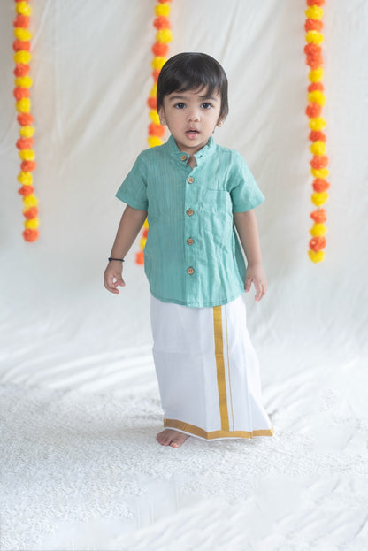 Aqua Blue Shirt + Cream Veshti Set