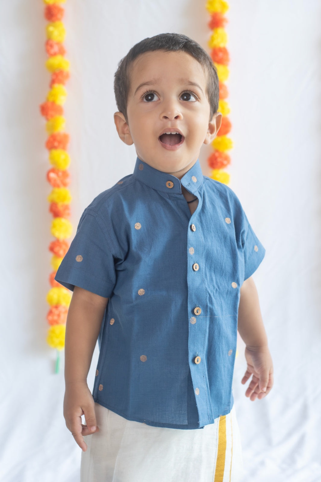 Blue Butta Shirt + Cream Veshti Set
